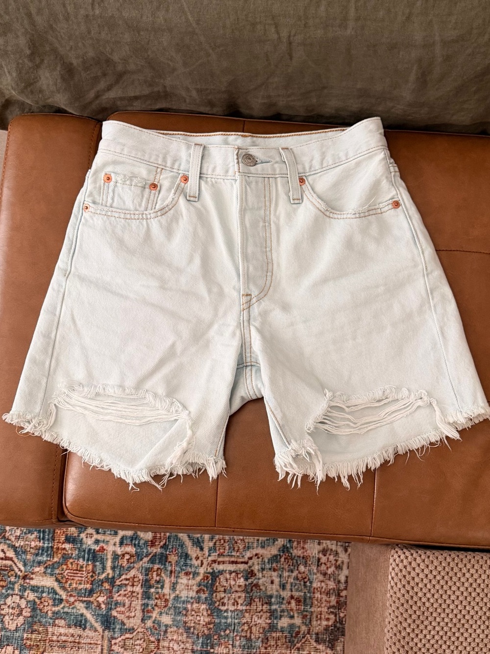 Levi's 501 Mid Thigh Light Blue Destructed Denim Shorts Size 25